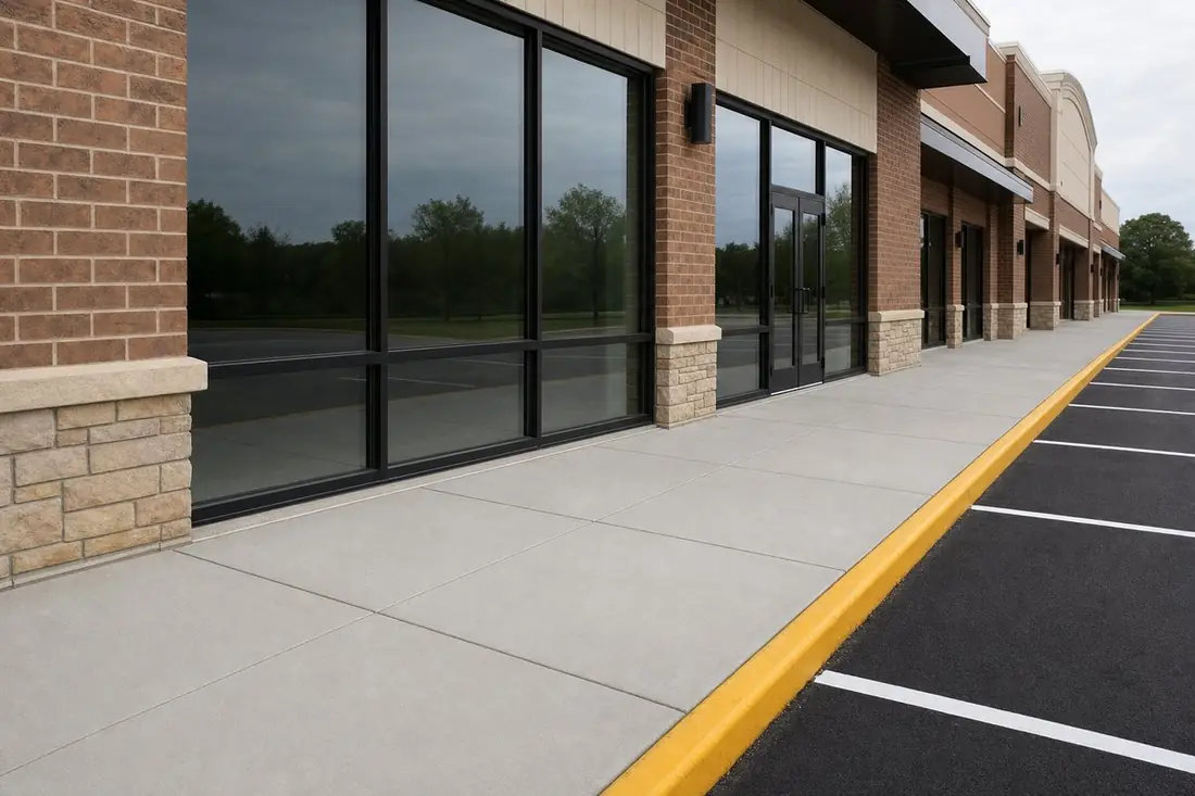 New concrete sidewalk and painted curb along a commercial retail plaza