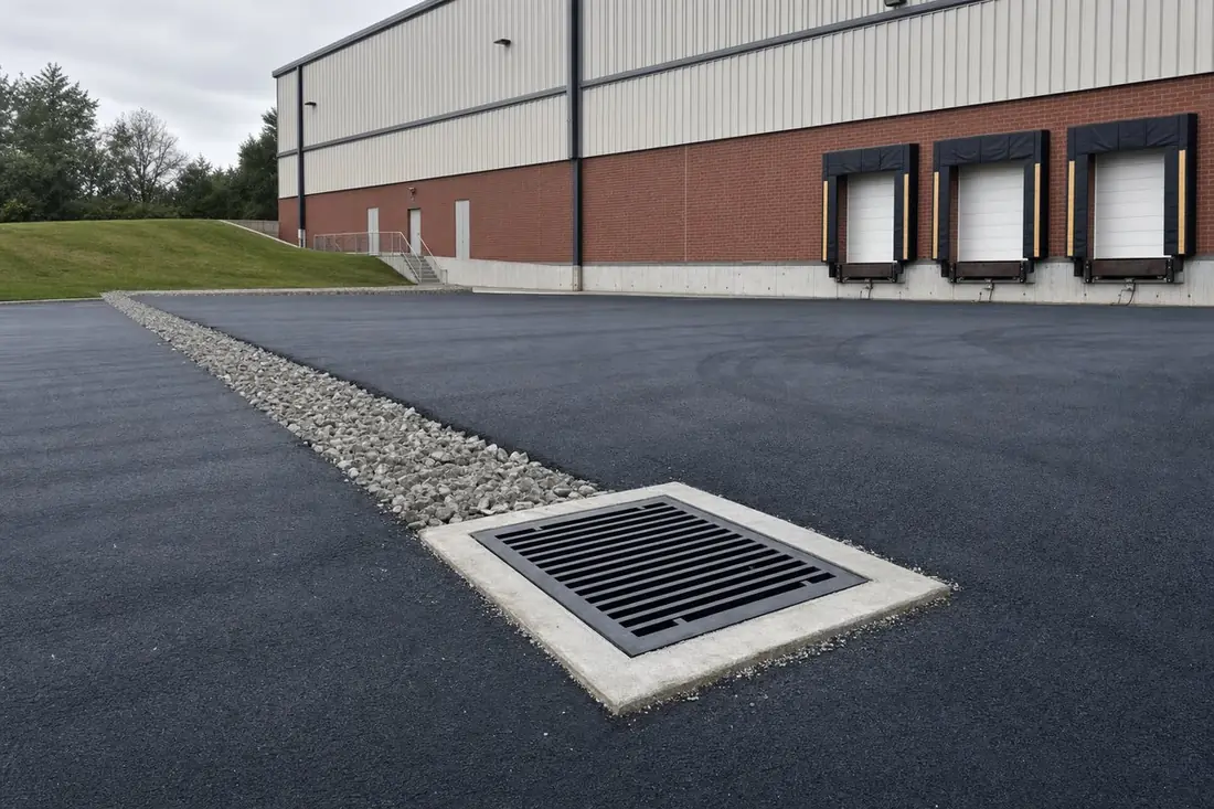 Catch basin and stone drainage trench in a commercial parking lot