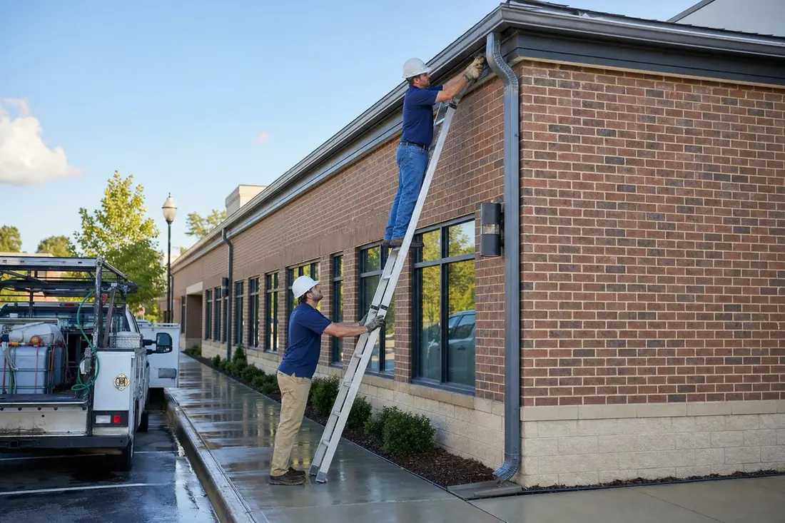 Crew repairing gutters on a brick commercial building