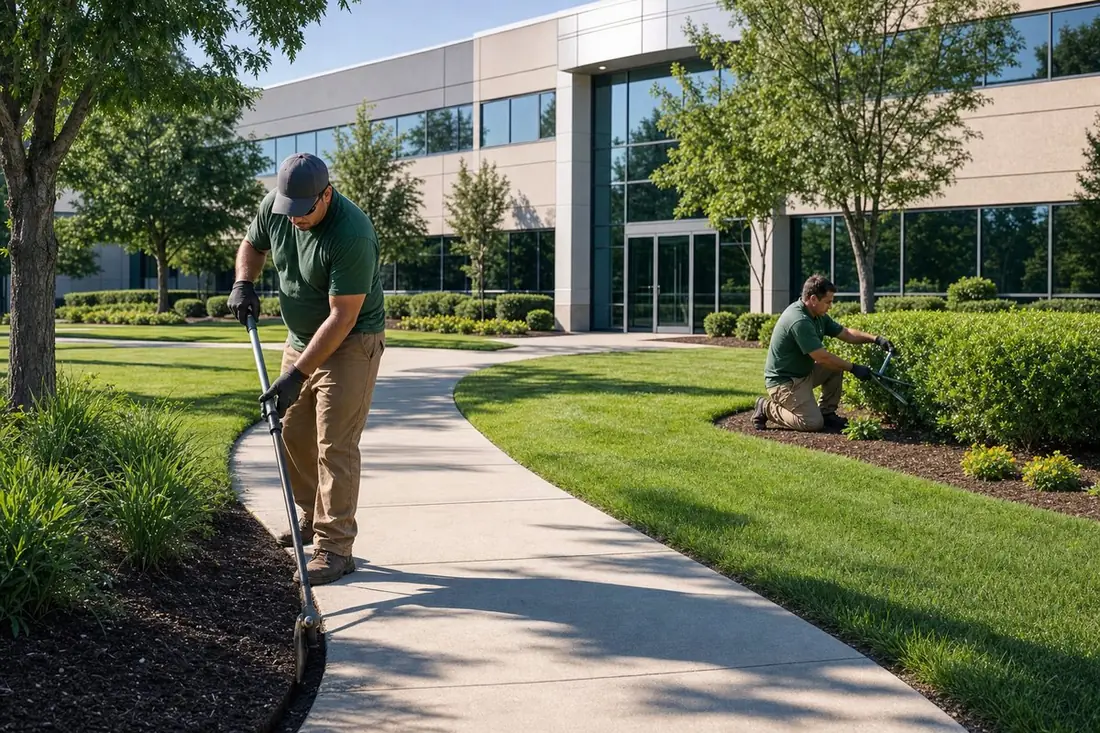 Grounds crew edging mulch beds and trimming shrubs at a commercial office property