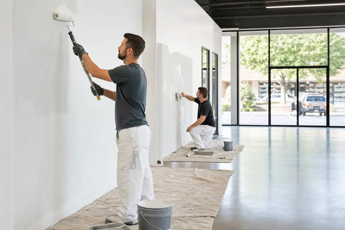 Painters finishing walls inside an empty commercial retail space