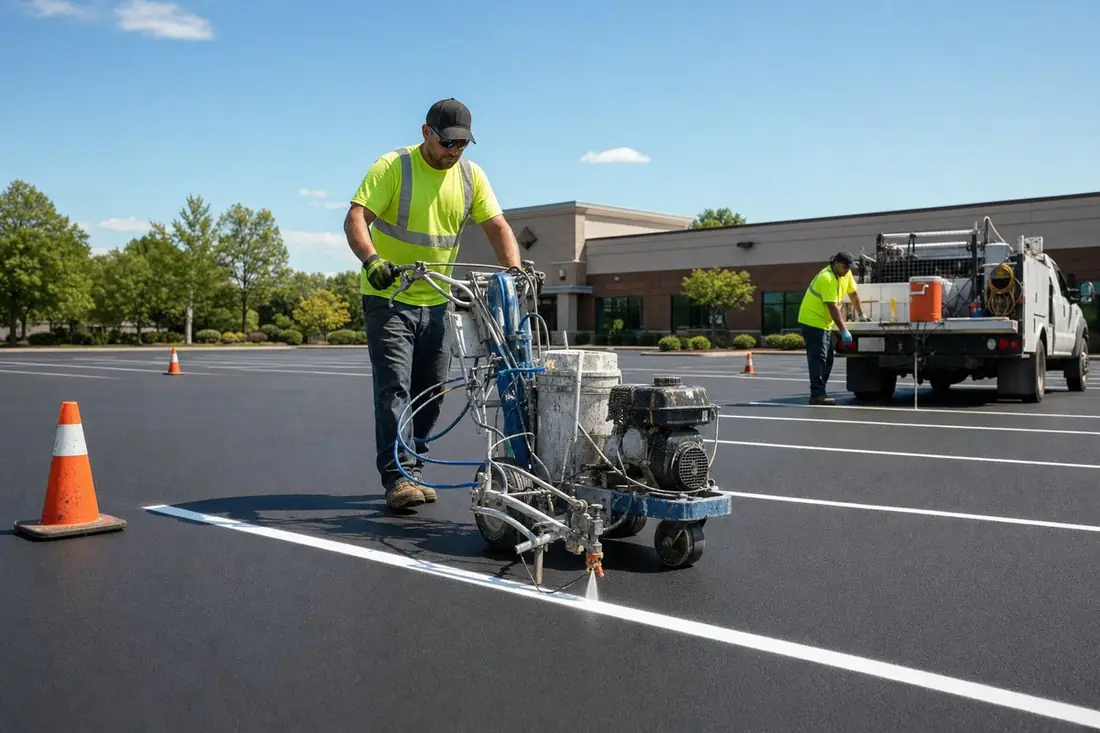 Worker striping fresh white lines on a resurfaced commercial parking lot