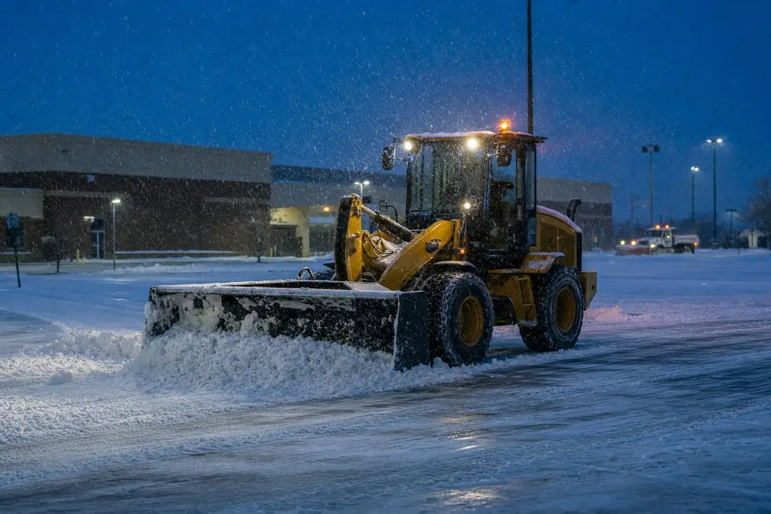 Loader with a snow push box clearing a commercial lot before dawn