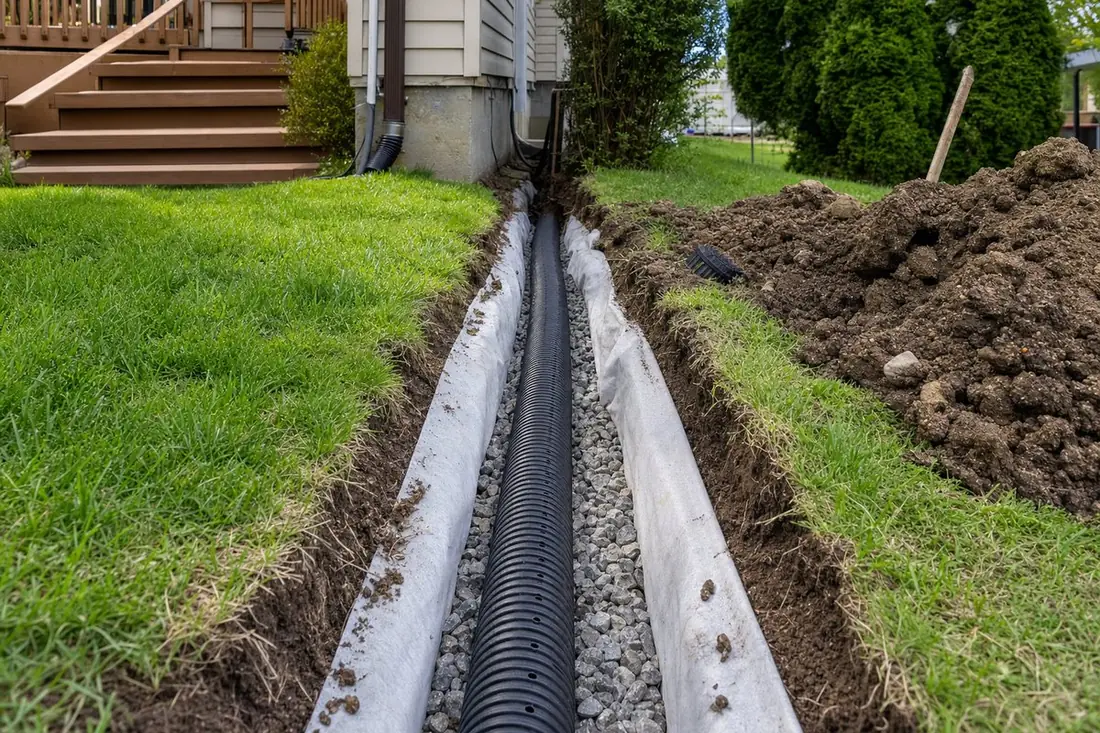 French drain and drainage pipe installed in a backyard trench