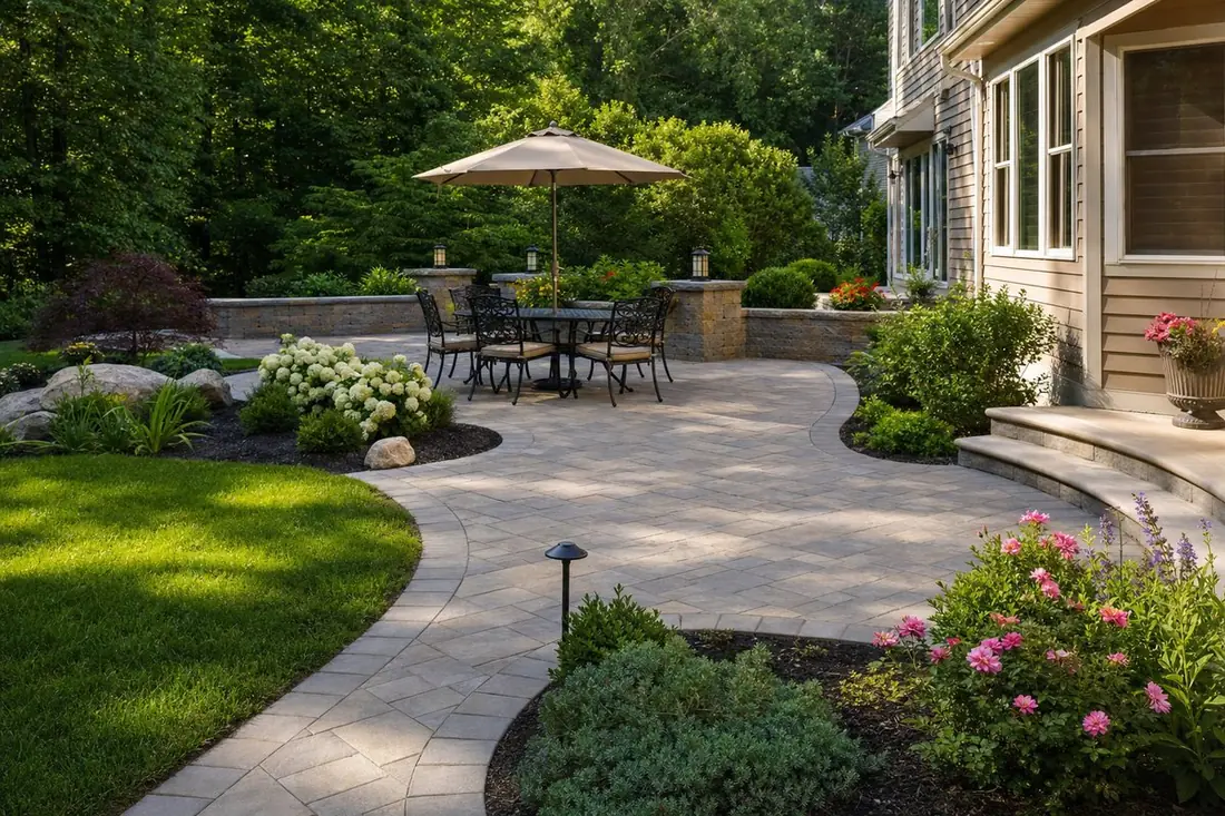 Finished paver patio and walkway hardscape in a Connecticut backyard