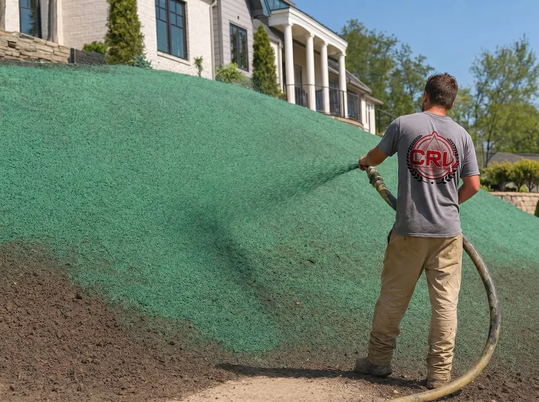 Hydroseeding a residential slope with green fiber mulch slurry