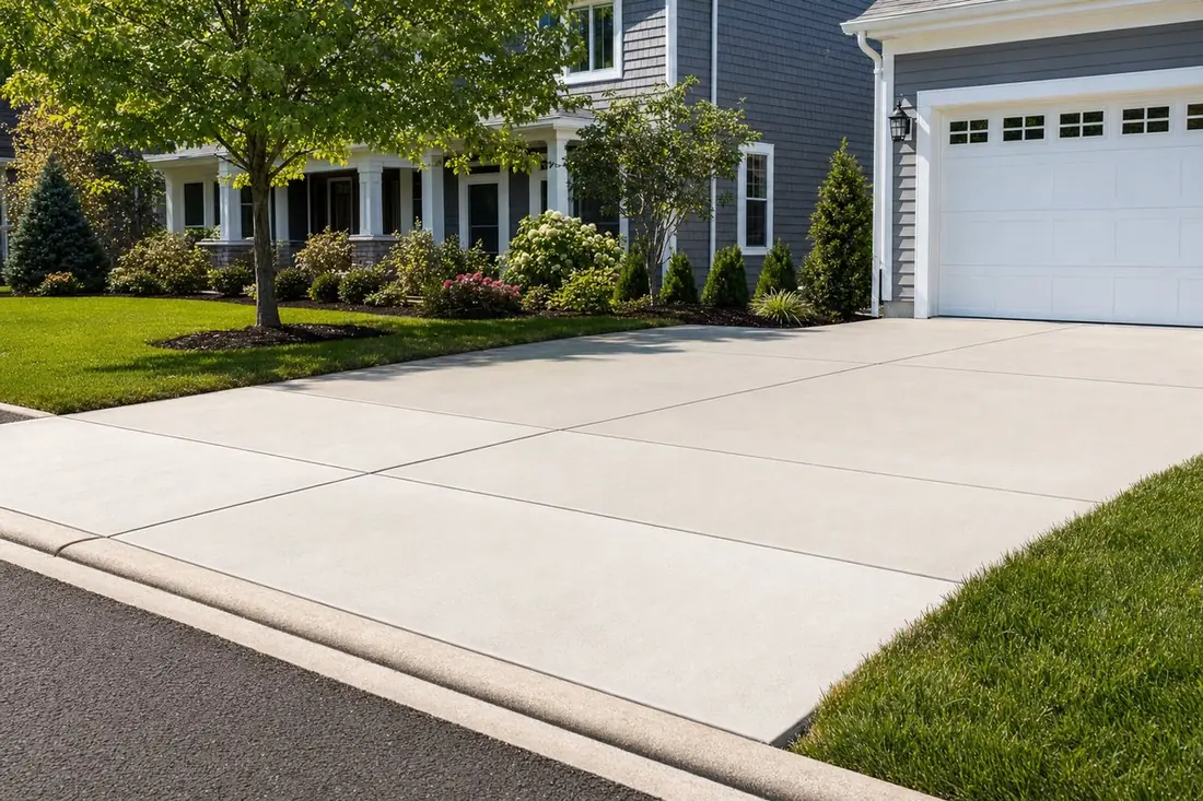 Newly poured concrete sidewalk and driveway apron