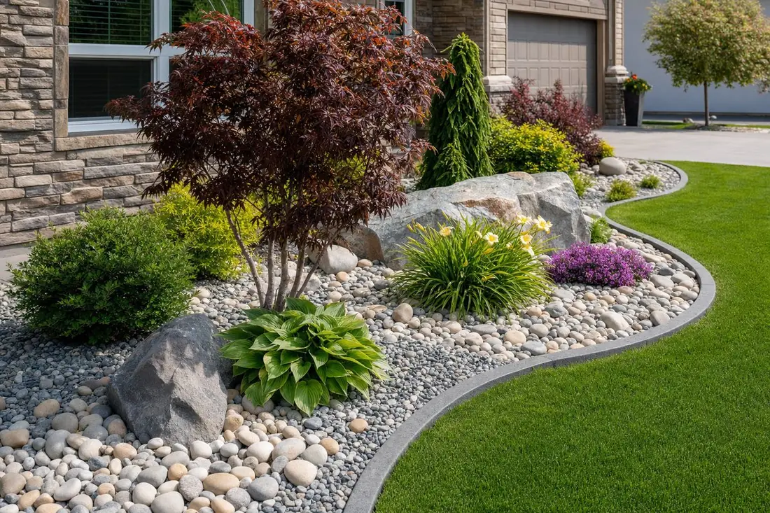 Decorative river rock and stone landscaping bed with clean edging