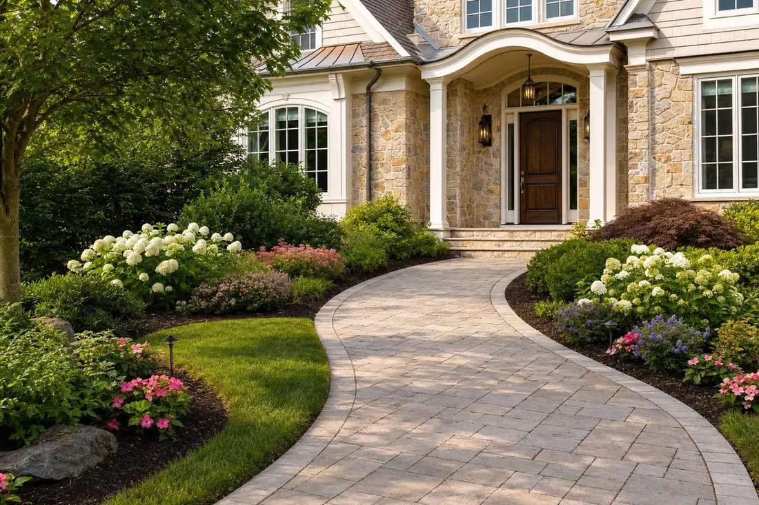Curved stone paver walkway leading to a home's front entrance