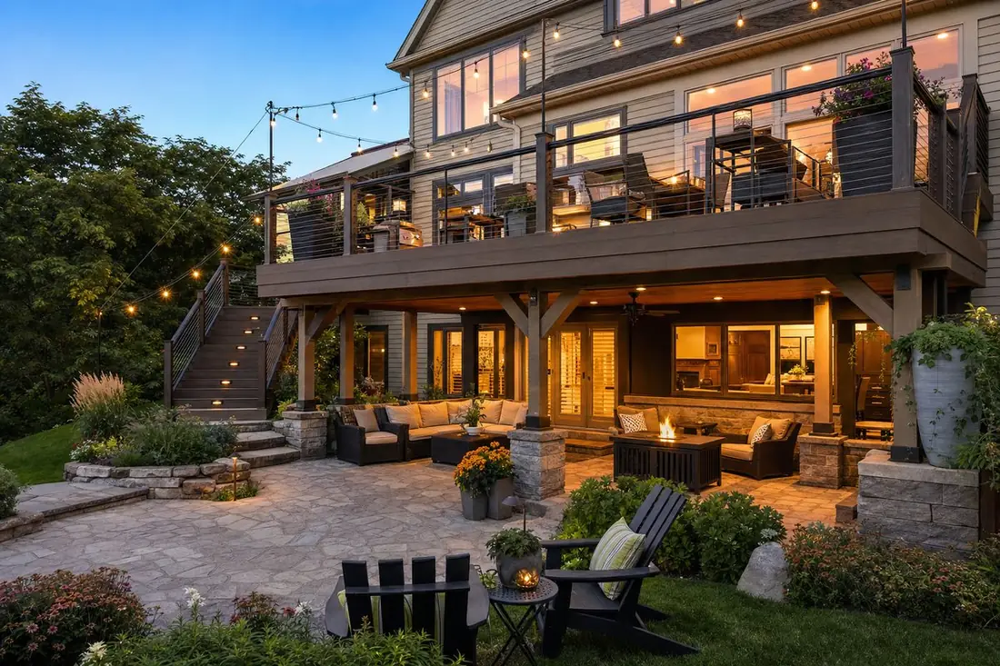 Two-story wood deck and stone patio with evening lighting