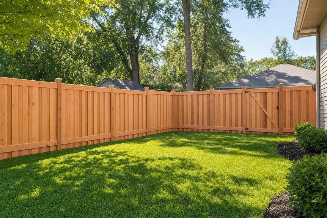 New cedar wood privacy fence in a backyard