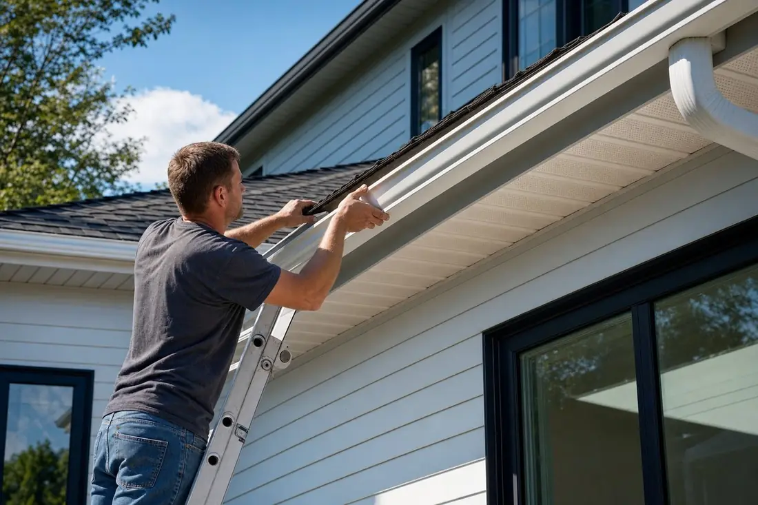 Worker installing new seamless white gutters on a home