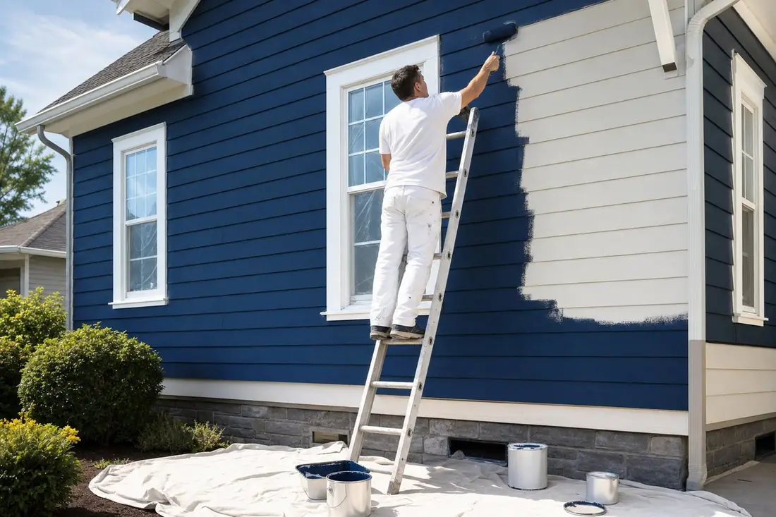 Painter on a ladder applying exterior paint to a home