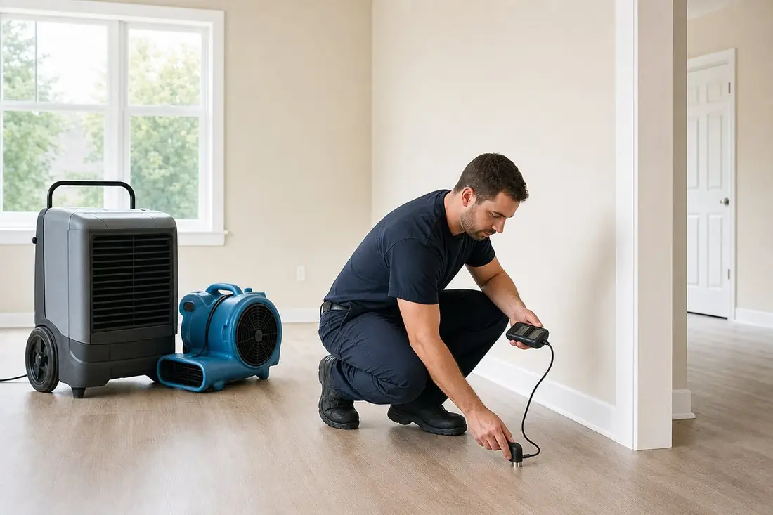 Restoration technician using equipment to repair water damage