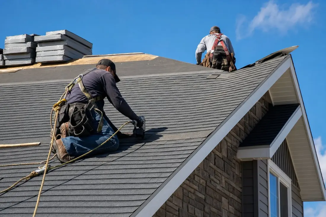 Roofers installing new shingles on a residential roof