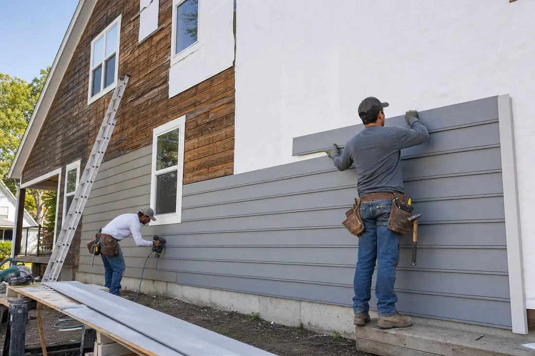 Workers installing new gray siding on a residential home