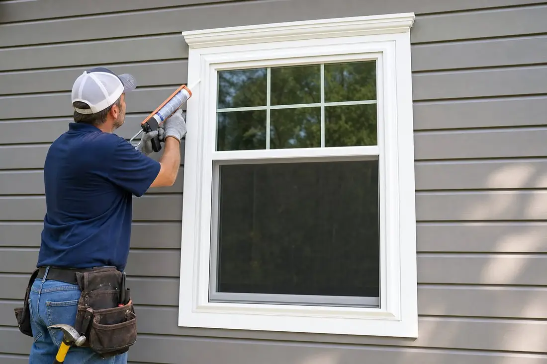 Contractor installing a new white vinyl replacement window